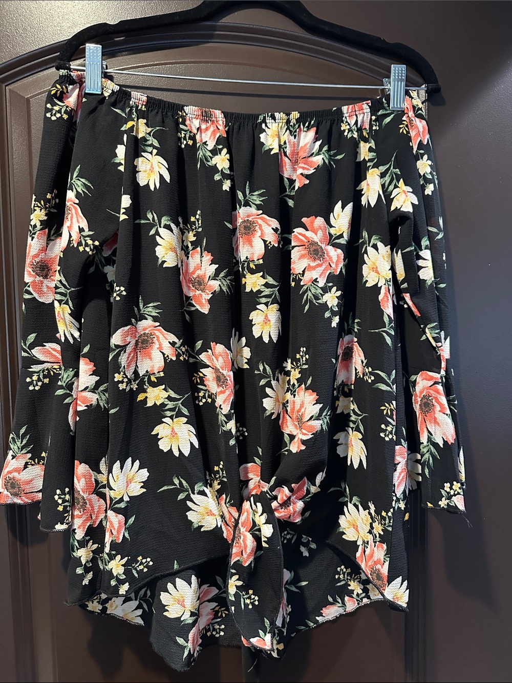 ADORA Black Floral High-Low Blouse with Coral & Yellow Blooms
